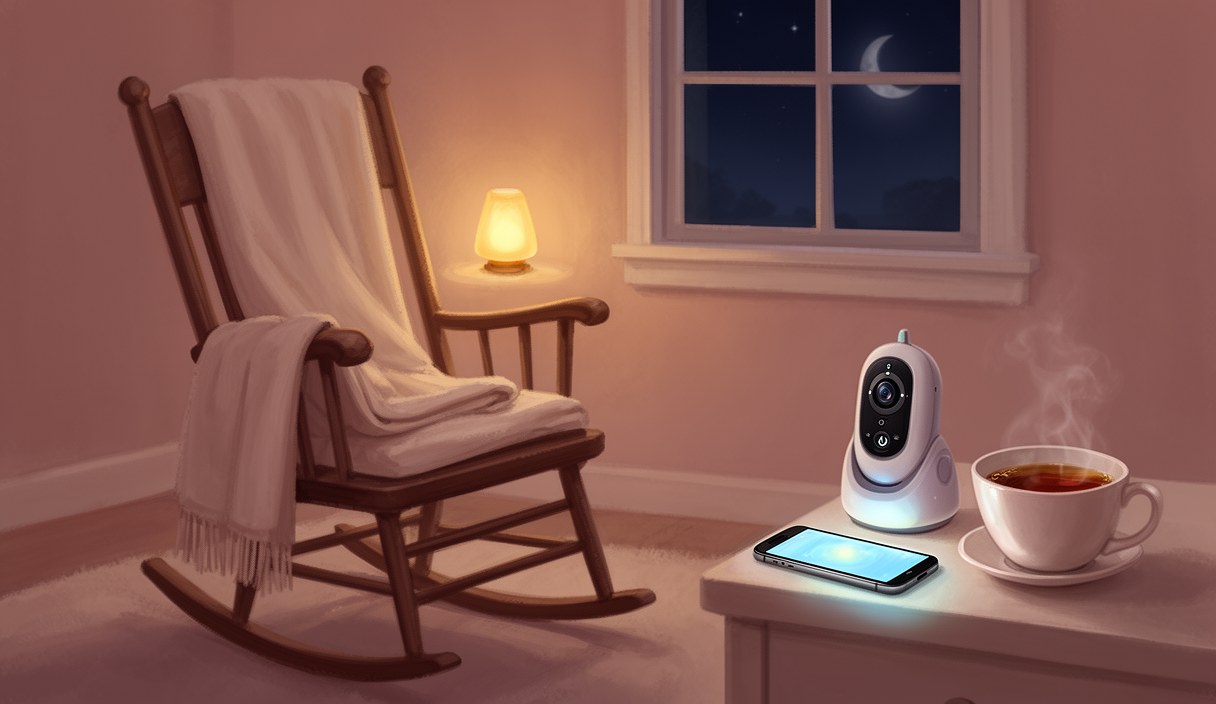 Editorial illustration of a softly lit nursery scene at night — a rocking chair with a folded blanket, a small nightlight casting amber glow, a phone face-down on a side table, a half-finished cup of tea, moonlight through the window