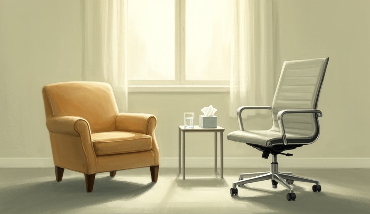 Editorial illustration of two empty chairs in a calm room — a warm armchair and an upholstered office chair — soft window light, no people