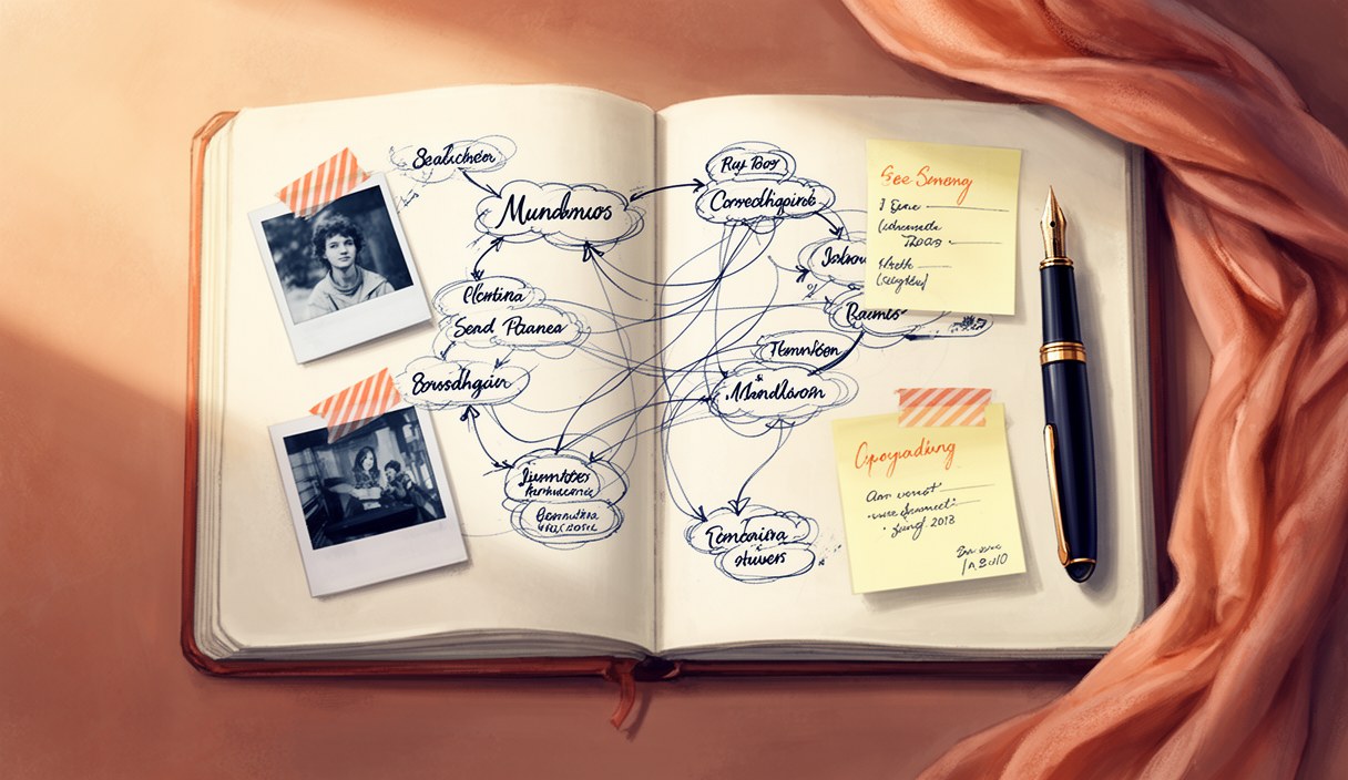 Editorial flat-lay of a notebook mind-map with hand-drawn nodes connected by ink lines, polaroid photos pinned with washi tape, sticky notes labeled with dates — a memory-engineering study mood