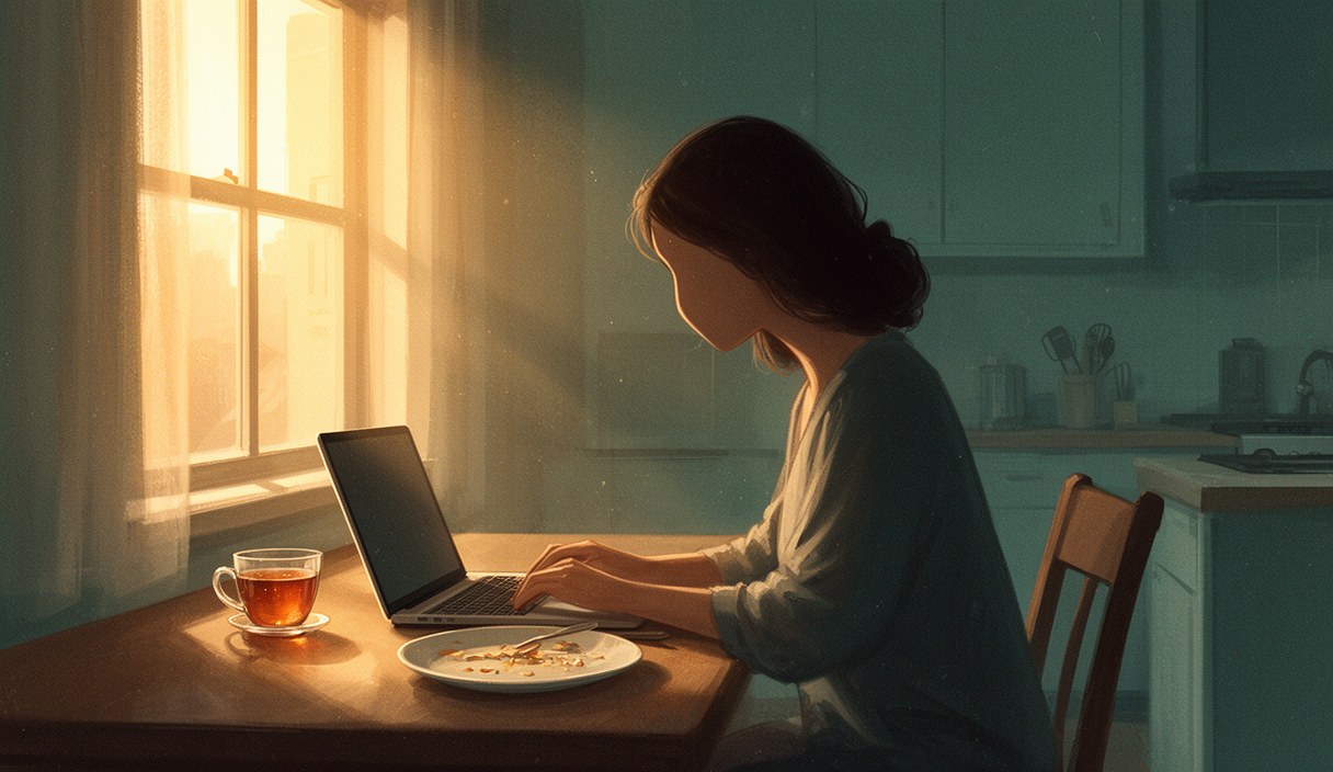 Editorial illustration of a writer's desk with two notebooks side-by-side, a half-empty coffee cup, a laptop ajar, and afternoon light angled through window blinds