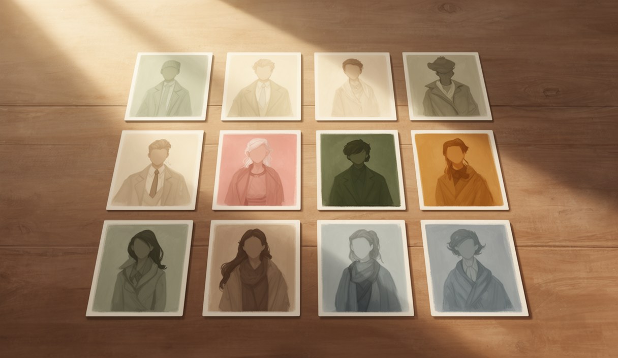Editorial illustration of twelve small character portrait cards arranged in a grid on a wooden table — different soft palettes, no faces shown clearly, painterly style