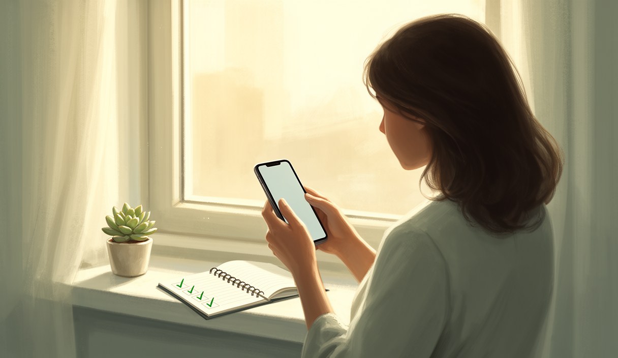 Editorial illustration of a woman holding her phone with calm focus, soft afternoon light, a small plant beside her — quiet trust-and-safety mood