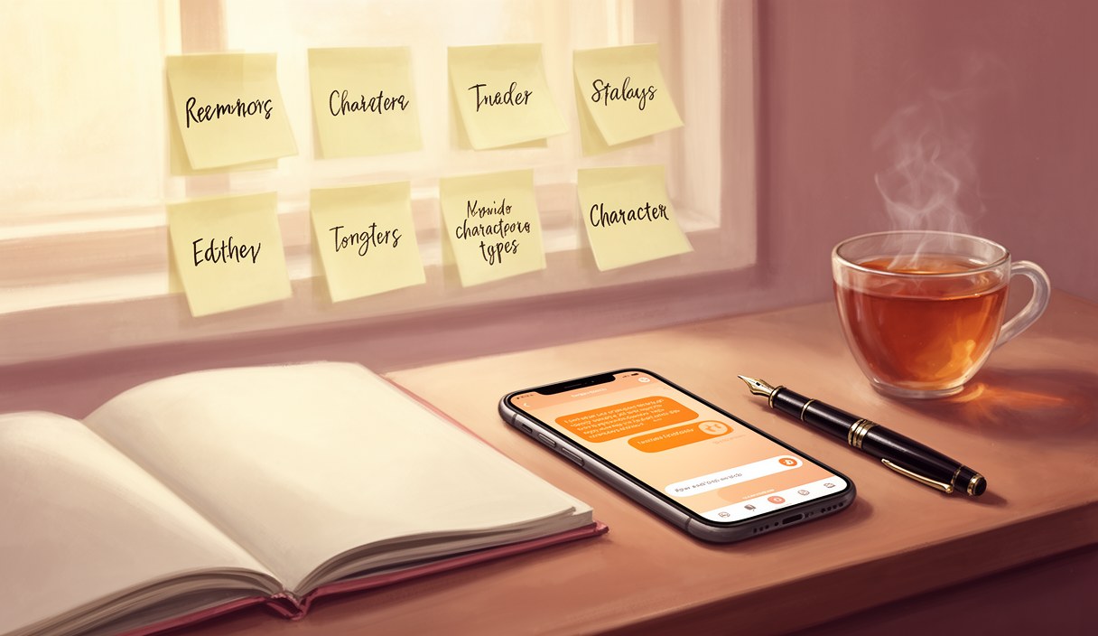 Editorial illustration of a desk with multiple sticky notes labeled with character types, an open notebook, and a phone — quiet character-comparison mood