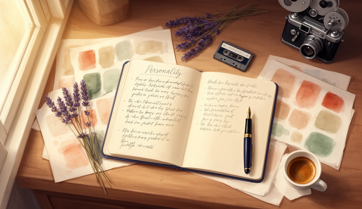 Editorial illustration of a notebook page with a character study in progress — handwritten traits and a small profile sketch — warm afternoon desk lamp light