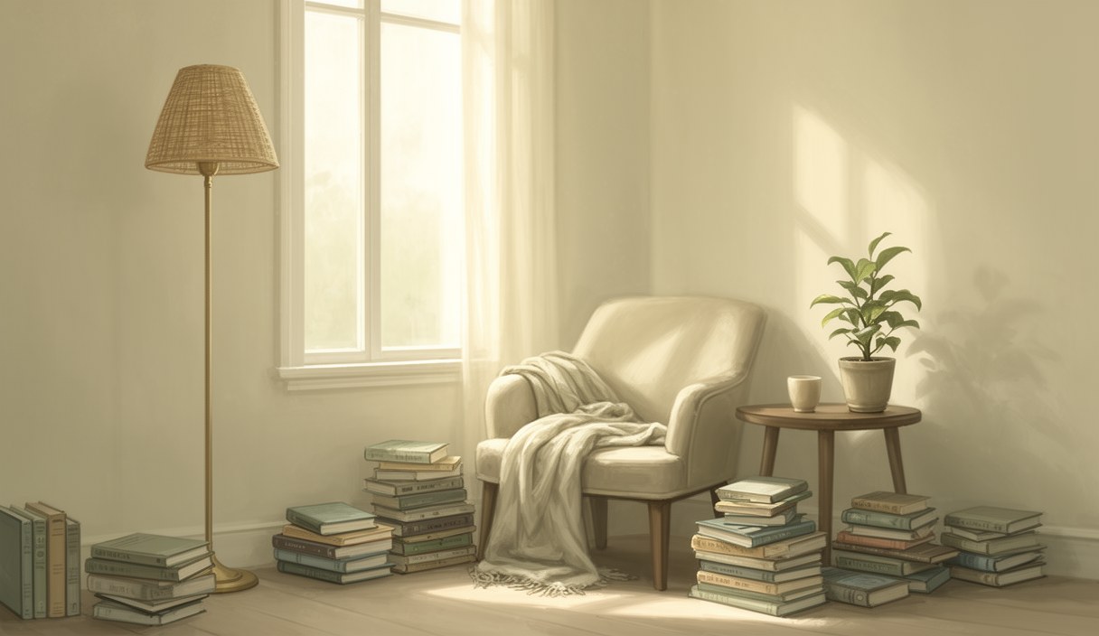 Editorial illustration of a woman alone in a softly lit reading nook, books stacked beside her, a single window letting in pale light — quiet introvert recharge