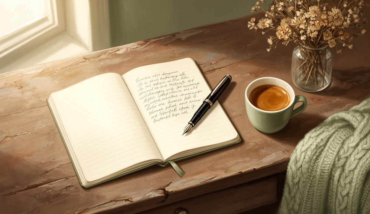 Editorial flat-lay of an open lined notebook, a fountain pen, a half-drunk cup of espresso, dried flowers, soft daylight on a wooden desk