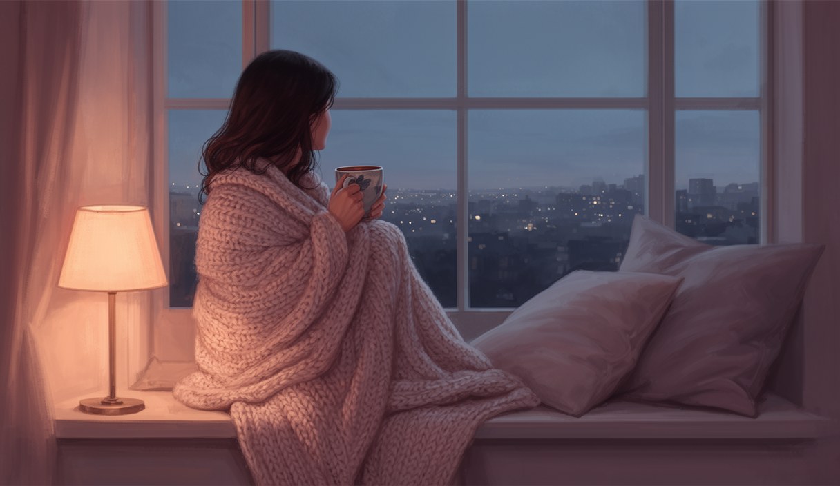 Editorial illustration of a woman wrapped in a soft blanket on a window seat at dusk, holding a mug, looking out at city lights — quiet post-breakup atmosphere