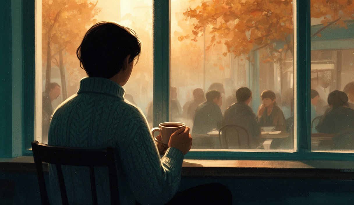 Editorial illustration of a woman in a crowded cafe looking down at her phone with a quiet, distant expression — soft daylight, the conversation around her blurred