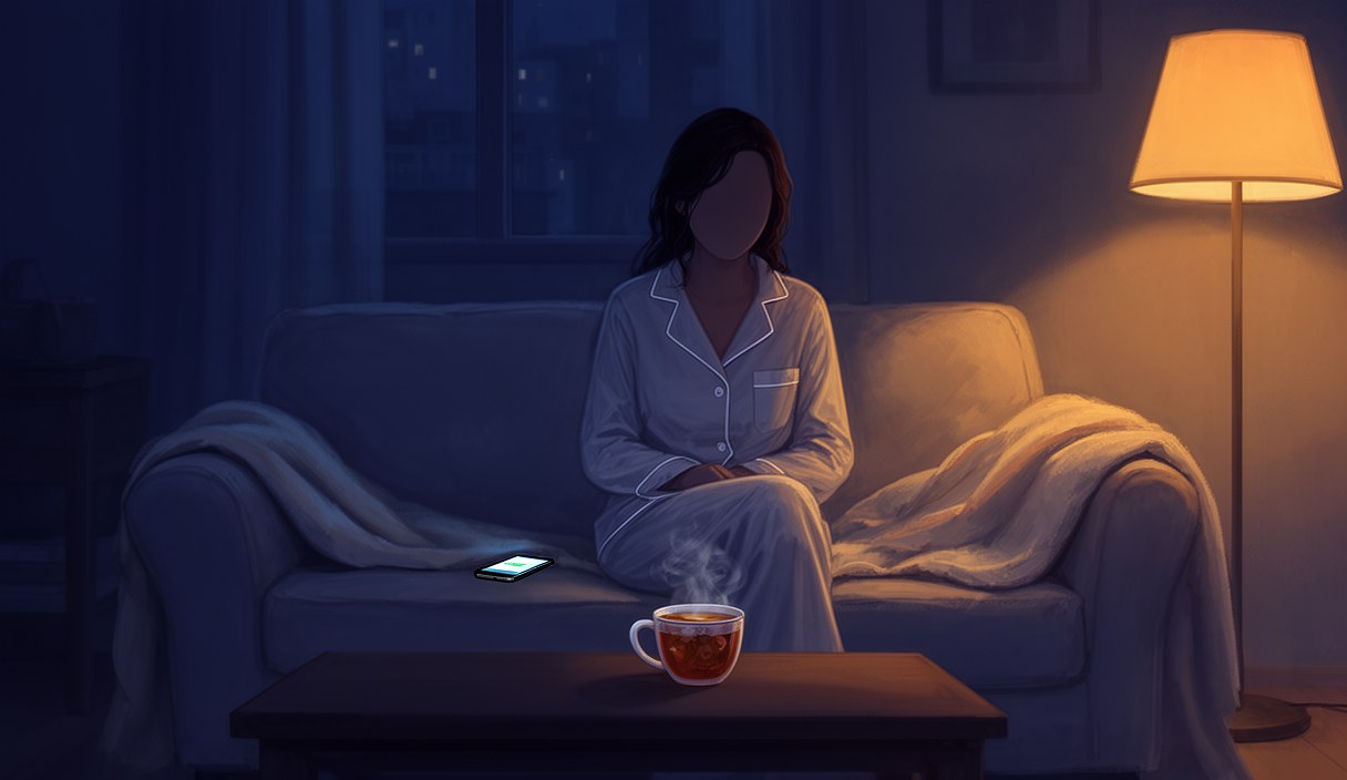 Editorial illustration of a woman in pajamas on her couch at night, phone face-down beside her, a half-finished cup of tea — quiet LDR evening