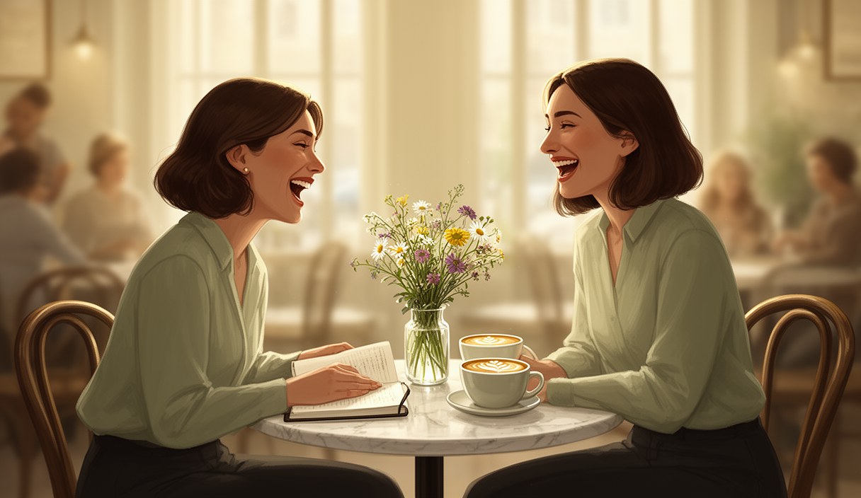 Editorial illustration of two women in their 30s laughing across a small cafe table, one with a notebook open, soft afternoon light — adult female friendship in formation