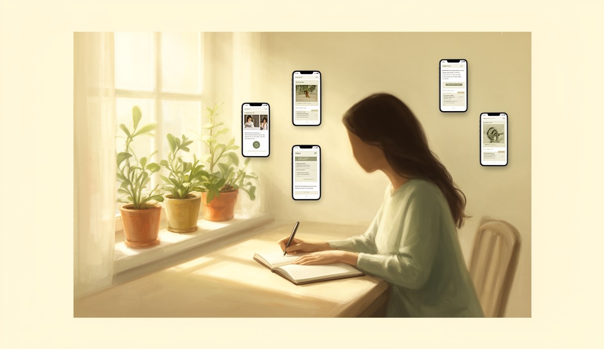 Editorial illustration of a woman writing in a notebook, with five small phone screens floating subtly around her — comparison study mood, soft window light