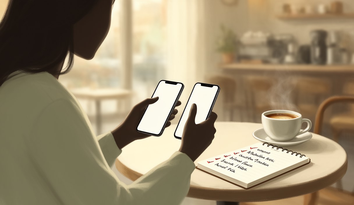 Editorial illustration of a woman comparing two phones side by side at a cafe table — calm afternoon light, paper notebook with checkmarks beside her