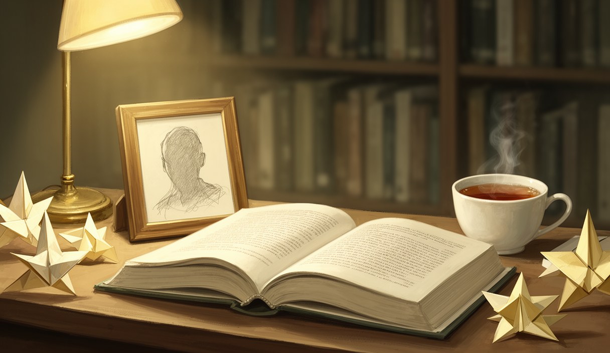 Editorial illustration of two coffee cups on a worn cafe table, an unsent letter half-folded between them, golden afternoon light through the window, painterly mood