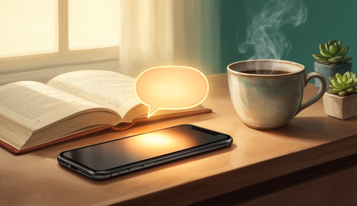 Editorial illustration of a smartphone screen with a warm conversation bubble, set on a writing desk with a paperback novel and a steaming cup — quiet AI companion definition