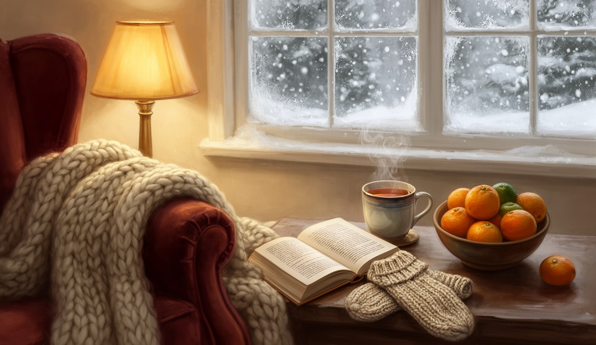 Editorial illustration of a cozy winter evening still life — wool blanket, warm lamp, ceramic mug of tea, paperback book, snow falling outside the window