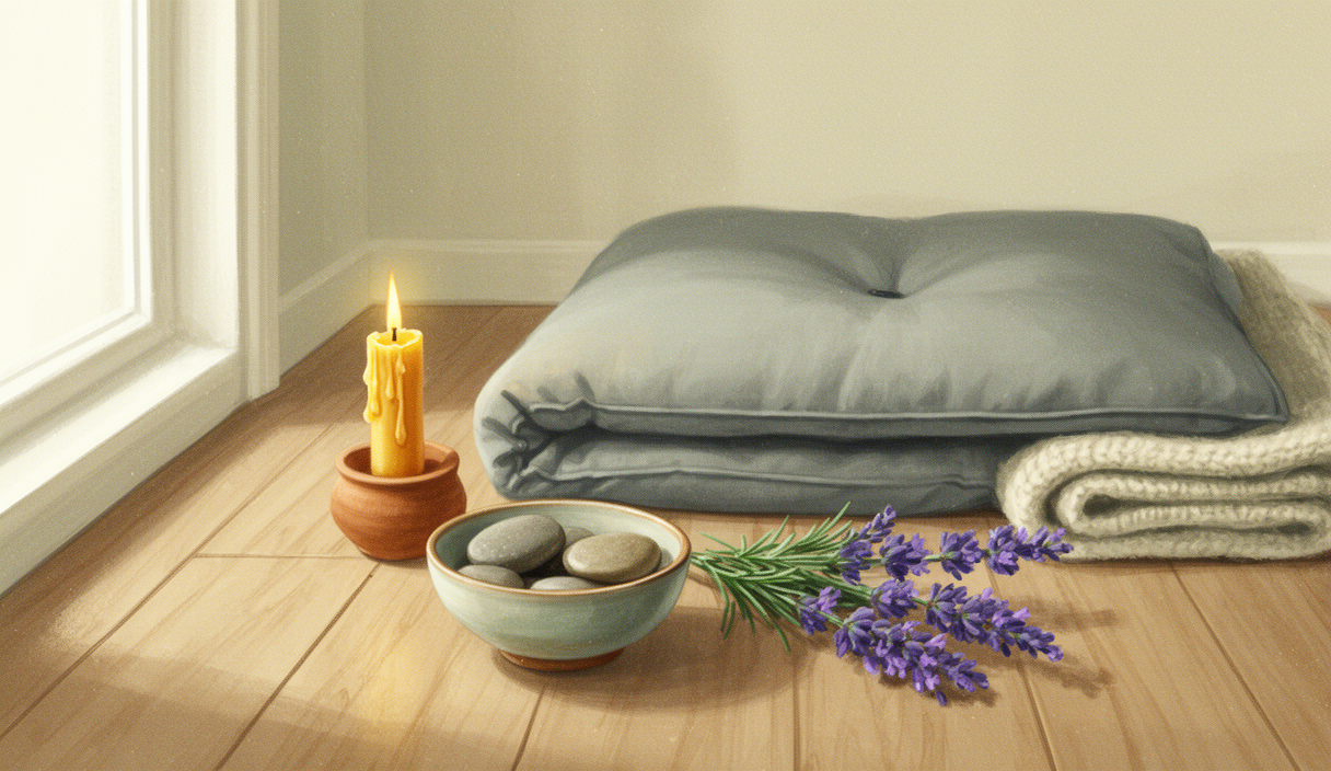 Calm meditation nook with a cushion, candle, river stones, and lavender — AI for anxiety illustration