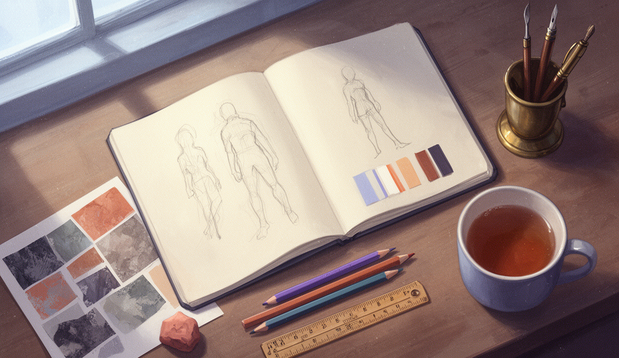 Character-design workspace with sketchbook silhouettes, color swatches, and pencils — Create your AI character on Soulit