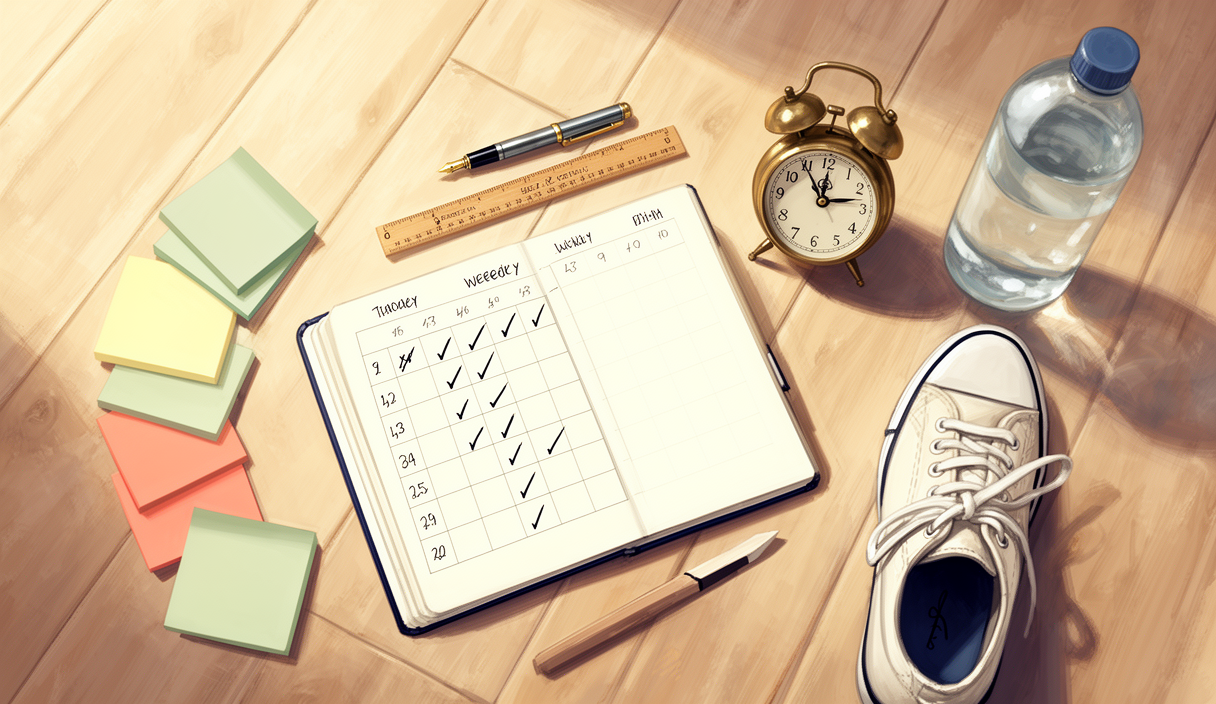 Habit tracker with sticky notes and alarm clock — AI accountability buddy illustration