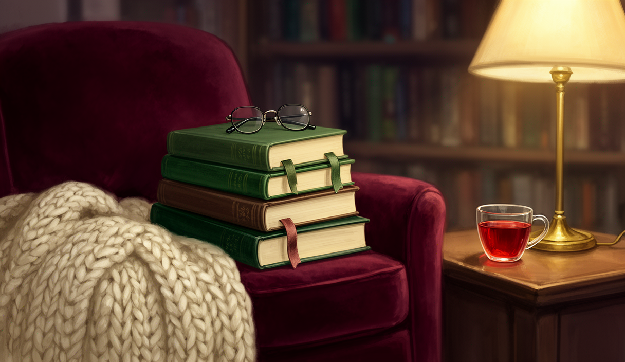 Stack of hardcover books with reading glasses — AI book club partner illustration