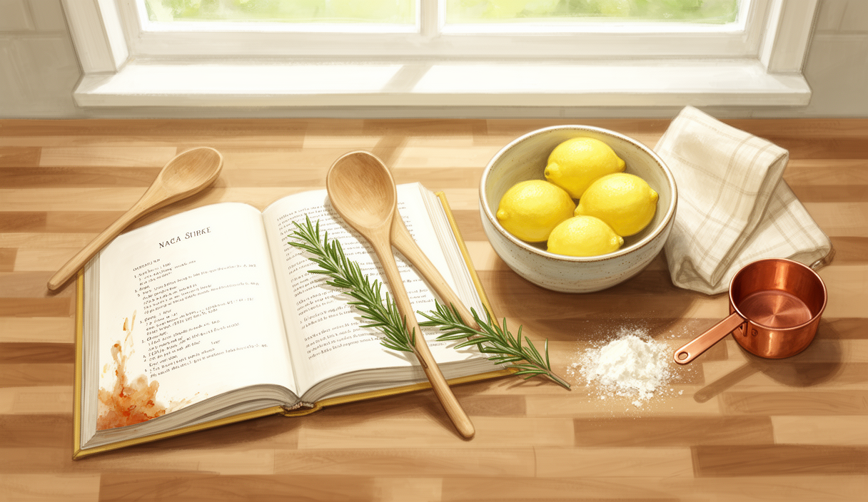 Open cookbook with lemons and rosemary on butcher block — AI cooking buddy illustration