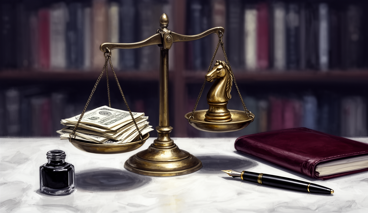 Brass balance scale with chess knight — AI debate partner illustration