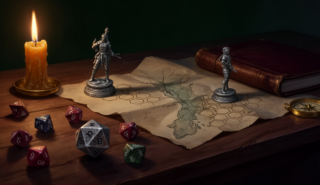 Candlelit gaming table with dice and parchment map — AI dungeon master illustration