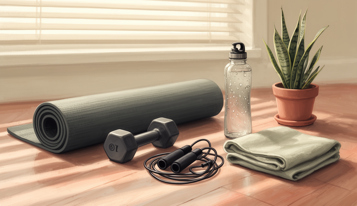 Yoga mat with dumbbell and water bottle — AI fitness buddy illustration