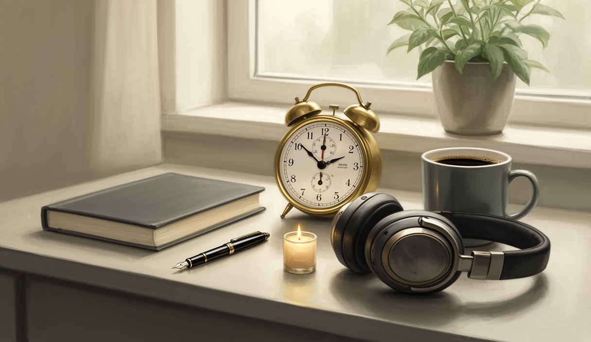 Pomodoro timer with headphones and candle — AI focus buddy illustration