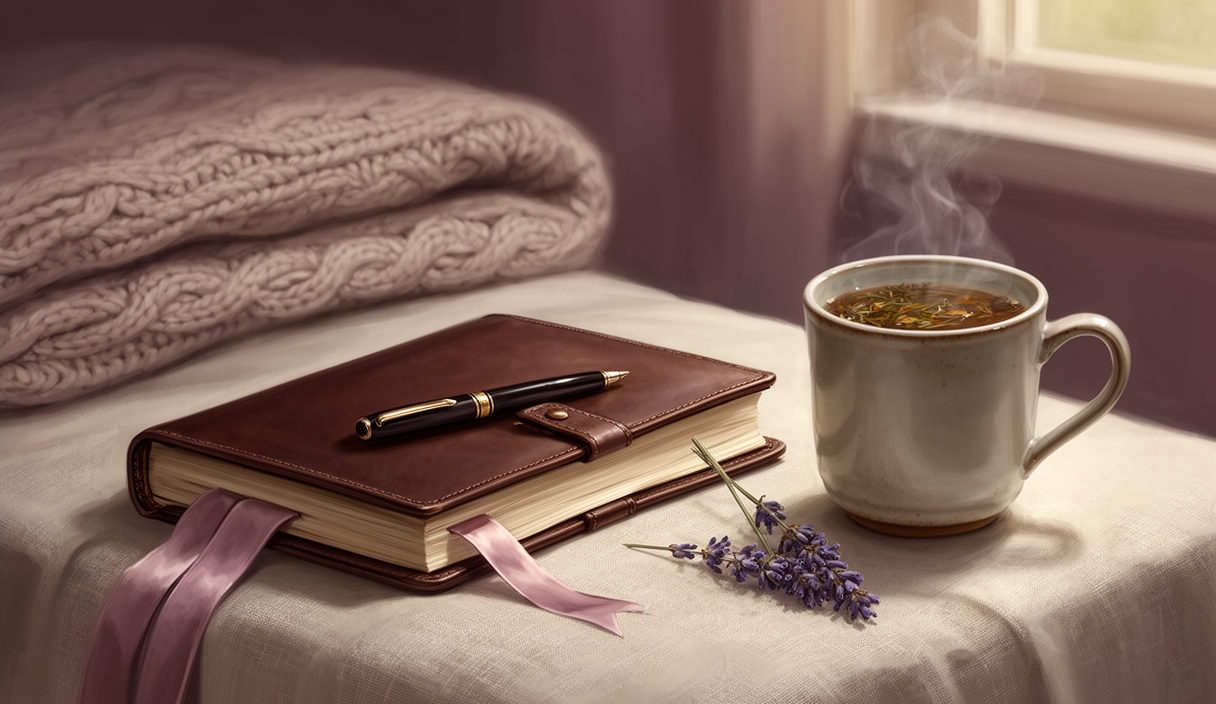 Open leather journal with pen and lavender — AI journaling companion illustration