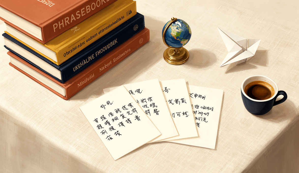 Phrasebooks and flashcards on a study table — AI language practice partner illustration