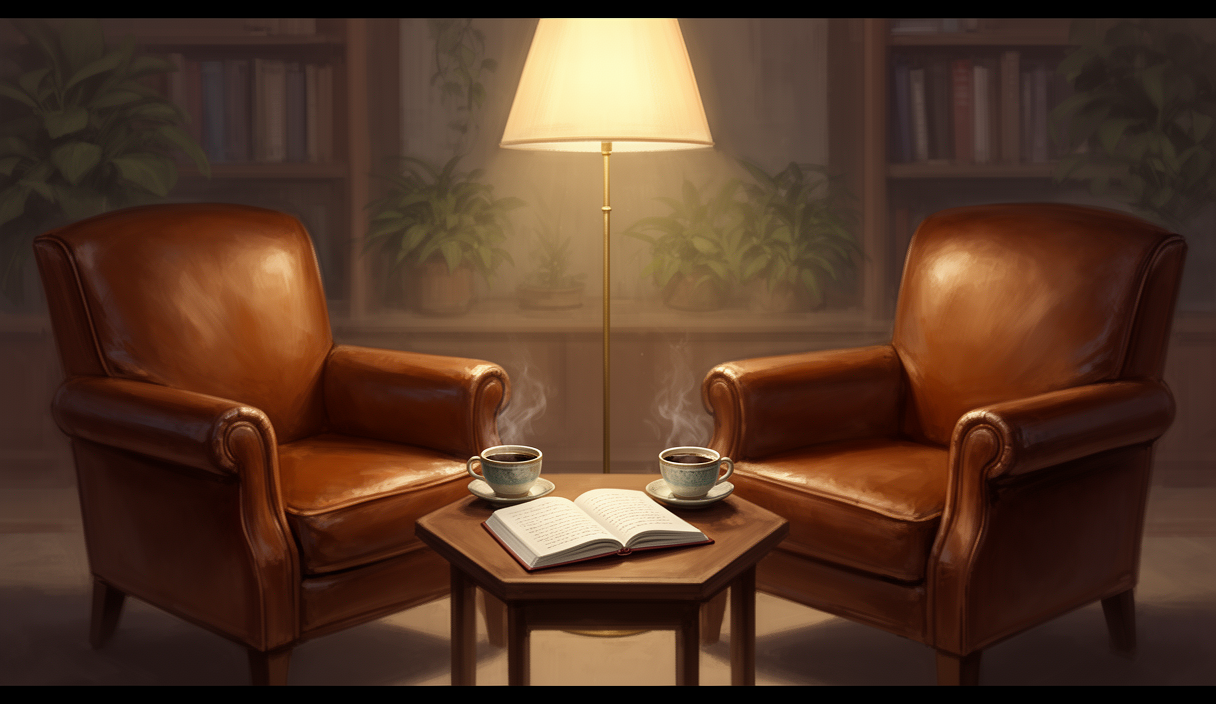 Two leather chairs by a bookshelf — AI mentor illustration
