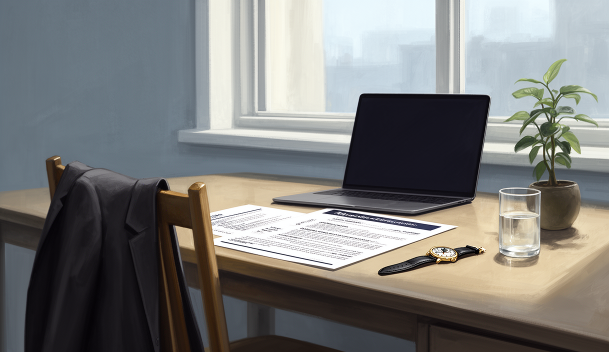 Tidy desk with closed laptop and blazer — AI mock interview coach illustration