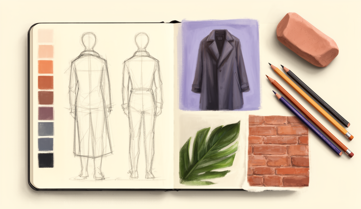 Sketchbook with character silhouettes and color swatches — AI OC creator illustration