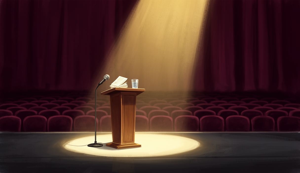 Empty auditorium stage with podium and spotlight — AI public speaking coach illustration