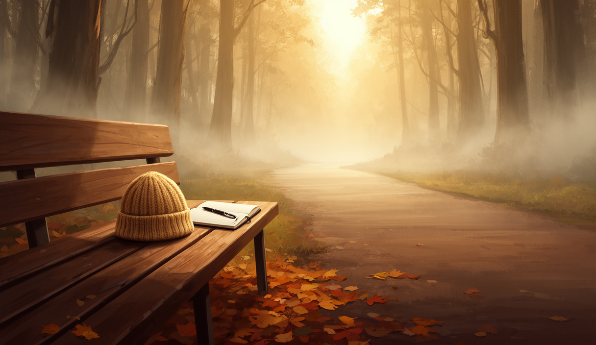 Wooden bench at golden hour with notebook — AI self-reflection companion illustration