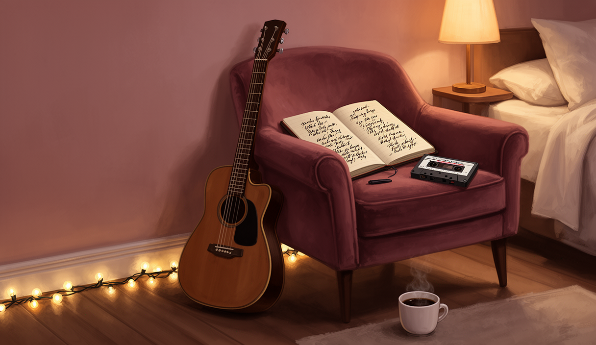 Acoustic guitar and lyric notebook in a bedroom studio — AI songwriting partner illustration