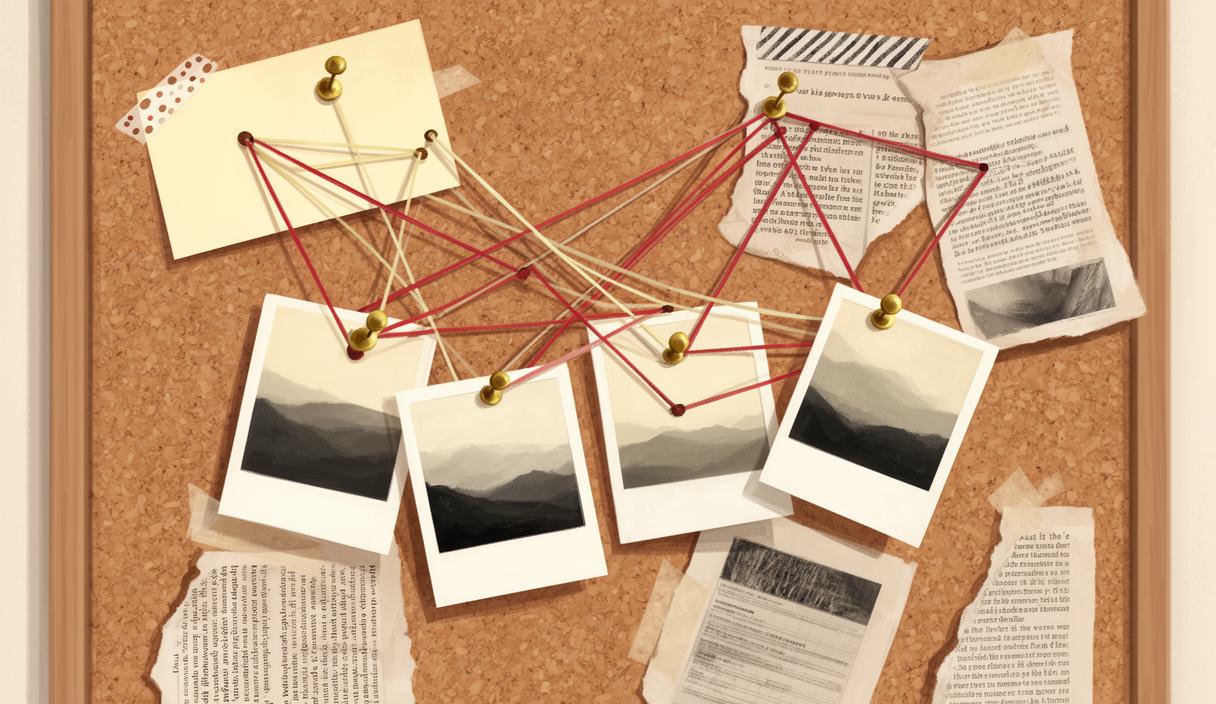 Corkboard with index cards and string — AI storytelling partner illustration