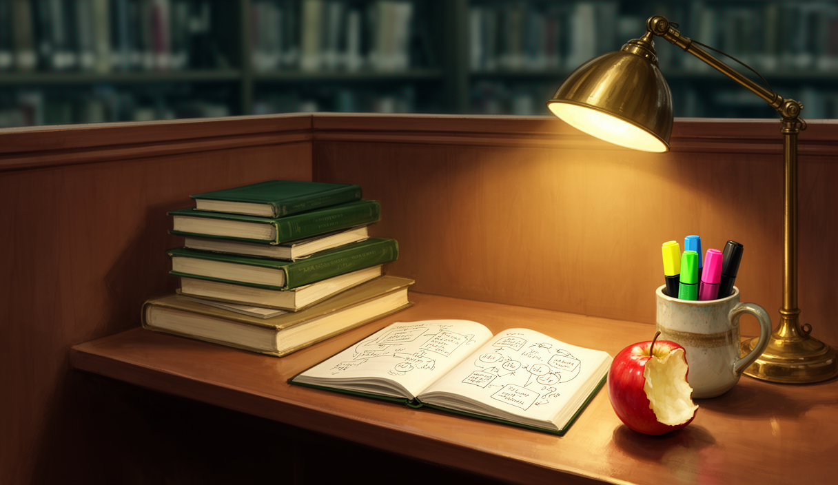 Library carrel with books and brass desk lamp — AI study buddy illustration