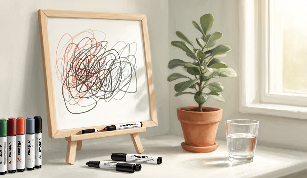 Whiteboard with markers and plant — AI thought partner illustration
