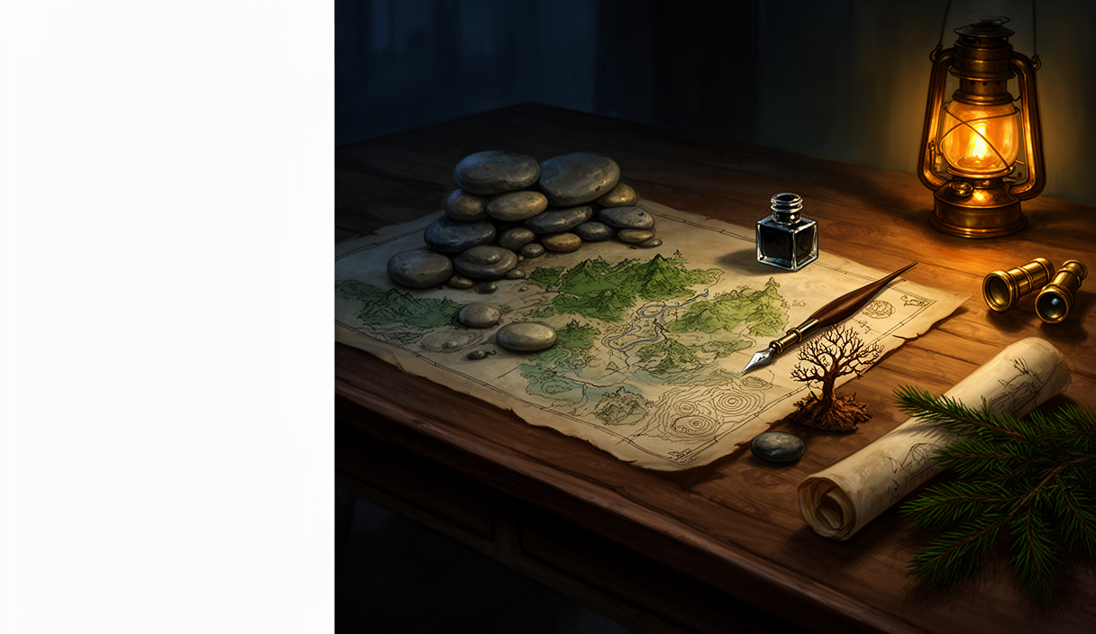 Cartographer's desk with map, ink, and spyglass — AI worldbuilding partner illustration