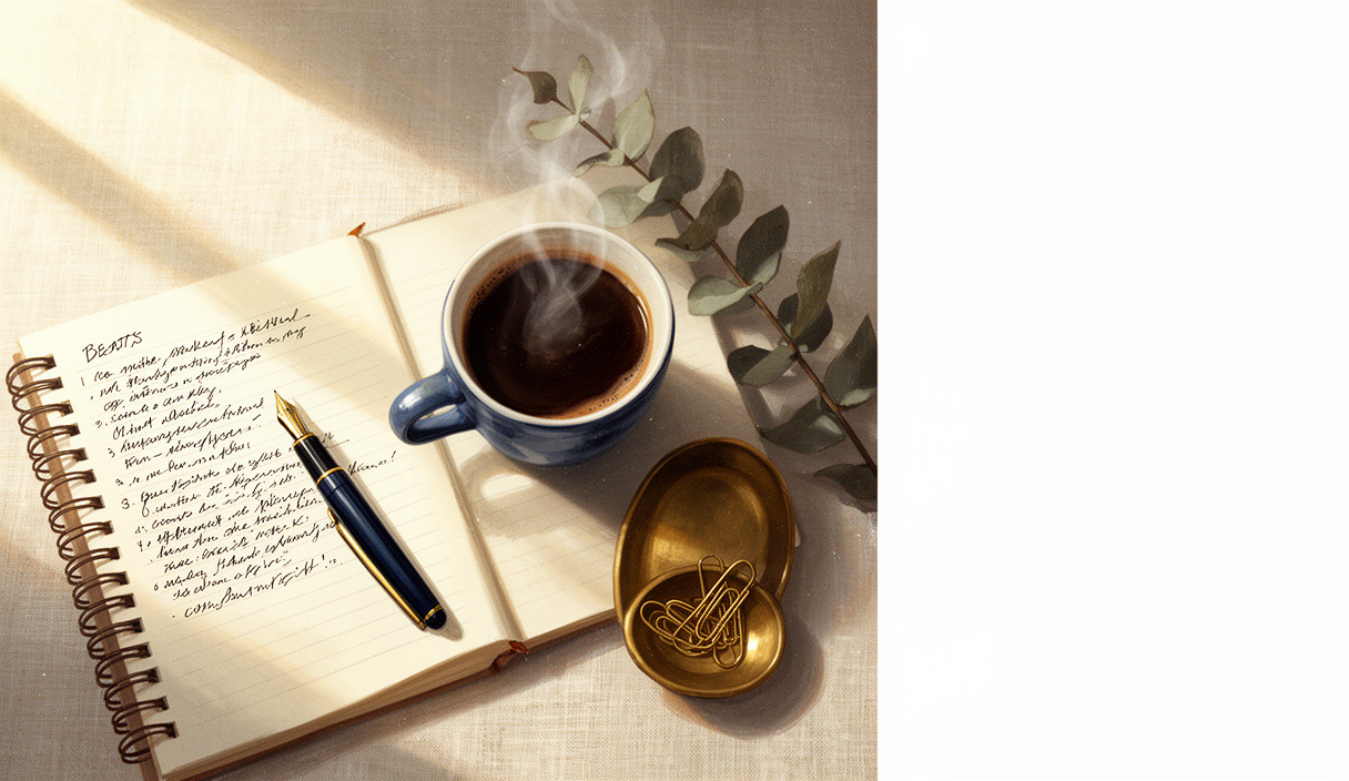 Writing desk flat lay with notebook, fountain pen, and coffee — AI writing partner illustration